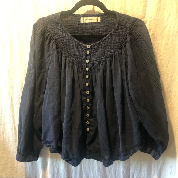 We the Free navy blue smocked neckline peasant cotton blouse bohemian style S - Picture 2 of 9